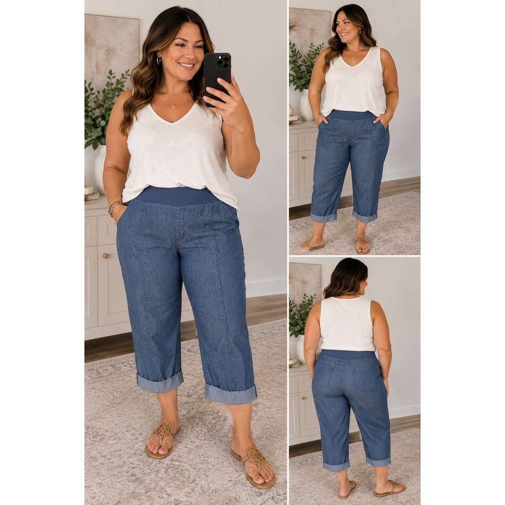 Chico's Pants Cropped Blue Chambray Elastic Waist Casual Cuffed Size 2.5 Regular